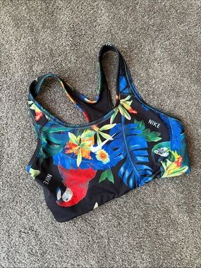 Nike Black Tropical Parrot Racerback Sports Bra with Multicolor Floral Print